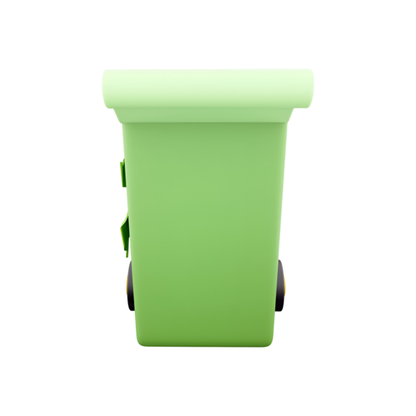 Atık imhası için tasarlanmış yeşil bir çöp kutusu, hareket kabiliyeti için tekerlekler ve içeriği kapatmak için bir kapak.