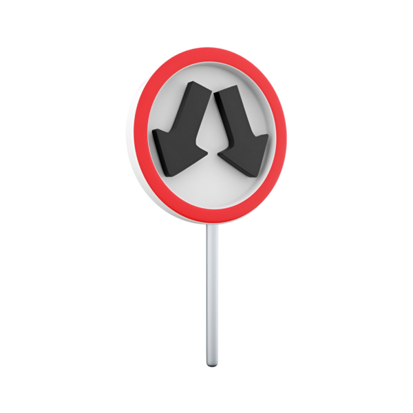 İki aşağı doğru ok içeren dairesel bir trafik işareti, birleşme ya da sürücüler için ihtiyat gerektiren bir durumu gösterir.