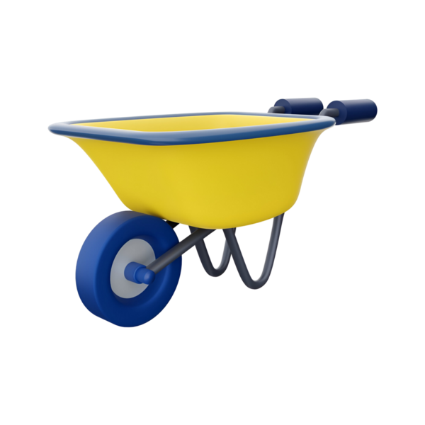 Bahçe işlerinde ve inşaatlarda kullanılan, malzeme taşımak için tasarlanmış renkli sarı bir el arabası..
