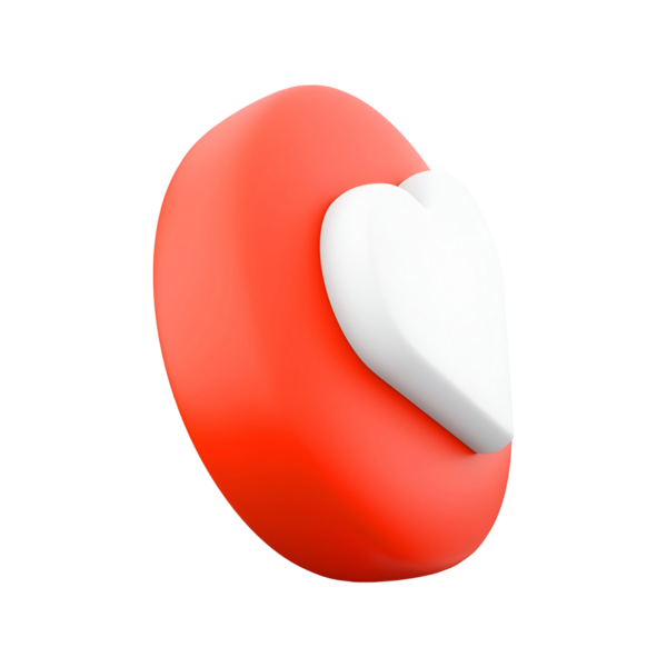 Beyaz bir kalp sembolü içeren biçimlendirilmiş kırmızı düğme, aşkı ya da takdiri temsil eder, genellikle dijital arayüzlerde kullanılır..