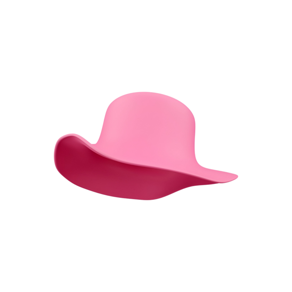 Geniş kenarlı parlak pembe bir şapka. Güneş koruması ve moda için tasarlanmış..