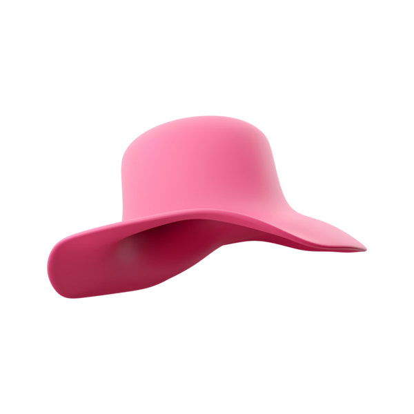 Geniş kenarlı parlak pembe bir şapka. Güneş koruması ve moda için tasarlanmış..