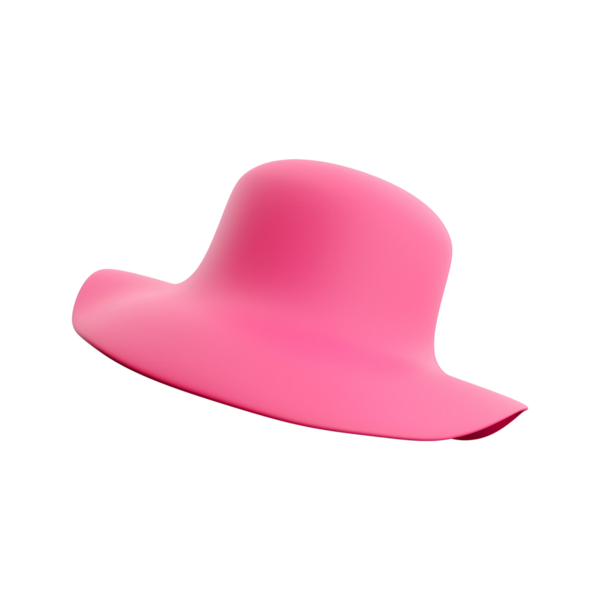 Geniş kenarlı parlak pembe bir şapka. Güneş koruması ve moda için tasarlanmış..