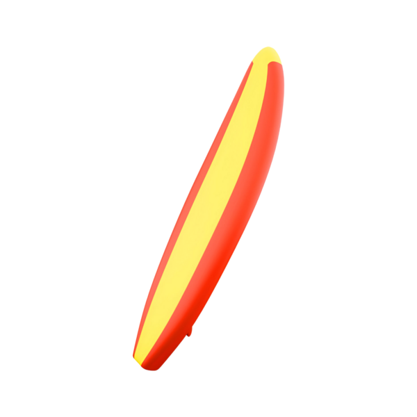 Kırmızı ve sarı renkli canlı bir sörf tahtası. Dalgaları yakalamak ve plaj aktivitelerinden zevk almak için ideal..