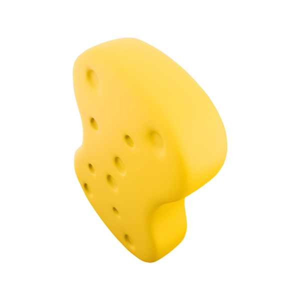 Delikleri olan stilize edilmiş sarı peynir şekilli bir nesne, muhtemelen oyuncu bir tasvir veya oyuncak..