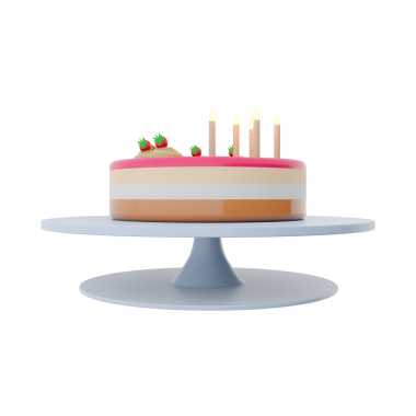 Pasta standında sergilenen, mumlu ve çilekli renkli bir pasta. Kutlamalar için ideal..