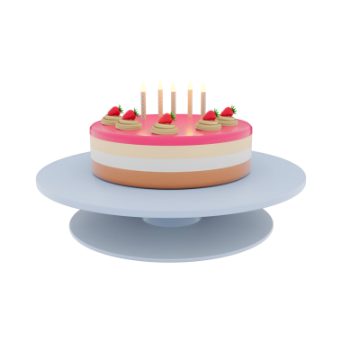 Çilek ve mumlarla süslenmiş renkli bir pasta. Kutlamalar ve toplantılar için mükemmel..