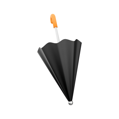 Gümüş uçlu siyah bir şemsiye ve turuncu saplı, yağmurdan korunmak için tasarlanmış..