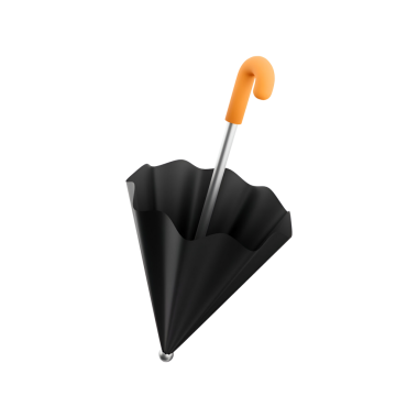 Yağmurdan ve güneşten korunmak için tasarlanmış turuncu saplı siyah bir şemsiye..