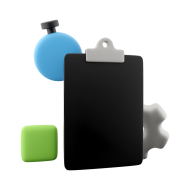 Bir pano, kronometre, dişli ve küp de dahil olmak üzere renkli geometrik şekiller koleksiyonu, organizasyon ve üretkenlik.