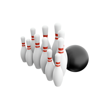 Siyah bir bowling topunun yuvarlanmaya hazır olduğu bir üçgende on lobutun yer aldığı bir bovling takımı..