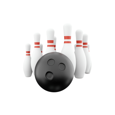 Beyaz bovling lobutlarının önünde siyah bir bowling topu, bovling sporunu gösteriyor..