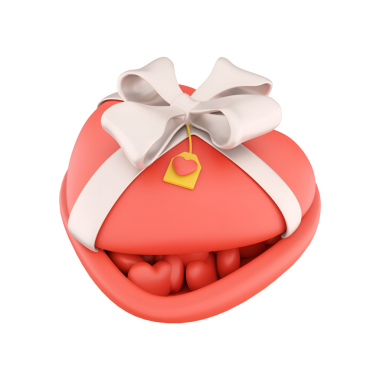 Kalp şeklinde bir hediye kutusu. Kurdeleyle süslenmiş. İçinde daha küçük kalp şekilli eşyalar var..