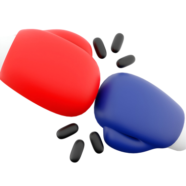 İki boks eldiveni, bir kırmızı ve bir mavi, çarpışıyor, yarışmayı sembolize ediyor veya sporda bir maç.