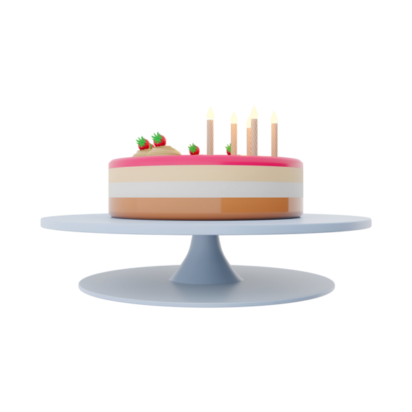 Pasta standında sergilenen, mumlu ve çilekli renkli bir pasta. Kutlamalar için ideal..