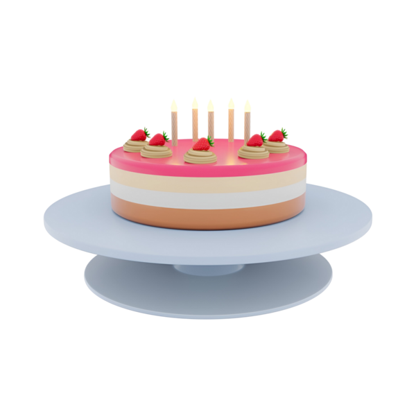 Çilek ve mumlarla süslenmiş renkli bir pasta. Kutlamalar ve toplantılar için mükemmel..