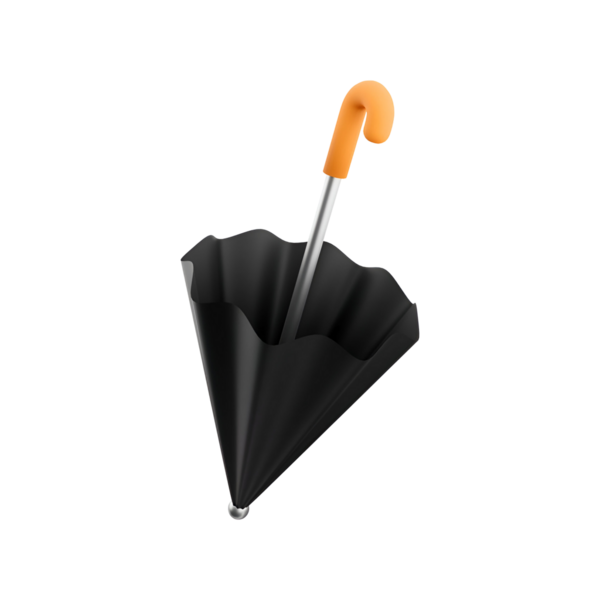 Yağmurdan ve güneşten korunmak için tasarlanmış turuncu saplı siyah bir şemsiye..