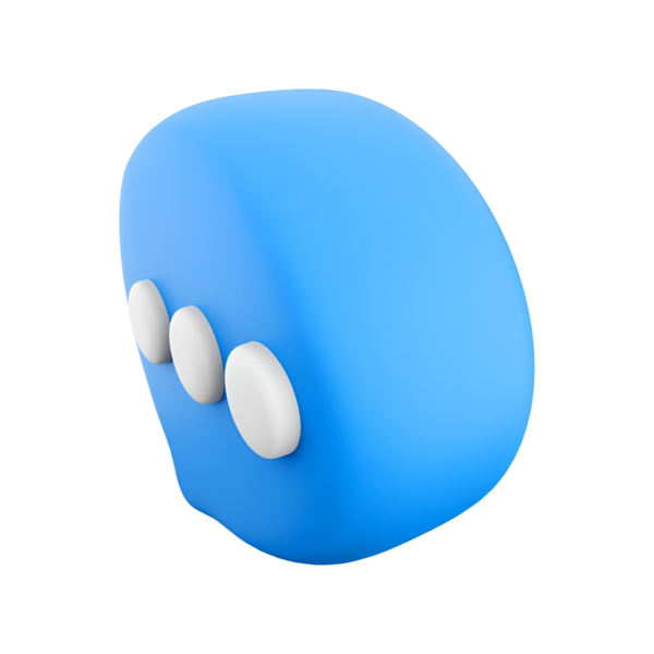 Üç beyaz dairesel elemente sahip basit bir mavi 3D şekil, muhtemelen oyuncu bir karakter veya simgeyi temsil ediyor..