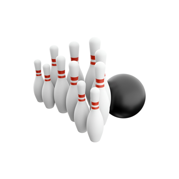 Siyah bir bowling topunun yuvarlanmaya hazır olduğu bir üçgende on lobutun yer aldığı bir bovling takımı..