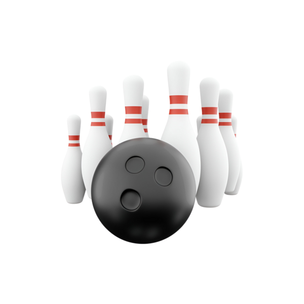 Beyaz bovling lobutlarının önünde siyah bir bowling topu, bovling sporunu gösteriyor..