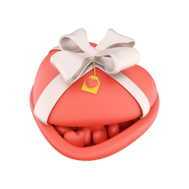 Kalp şeklinde bir hediye kutusu. İçinde küçük kalp şeklinde eşyalar var. Sevgi ve sevgiyi simgeliyor..