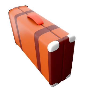 Kırmızı saplı, kahverengi aksanlı, seyahat ve rahatlık için tasarlanmış turuncu bir bavul..