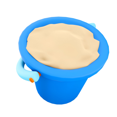 Açık renkli bir maddeyle dolu mavi bir kova, muhtemelen kum ya da hamur, çeşitli yaratıcı ya da inşaat faaliyetlerinde kullanılır..