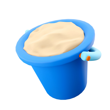 Kremsi bir maddeyle dolu mavi bir kova. Genellikle malzemelerin karıştırılması veya depolanması için kullanılır..
