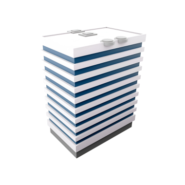 Mavi ve beyaz katmanlı yatay çizgileri olan modern bir binanın tasviri..