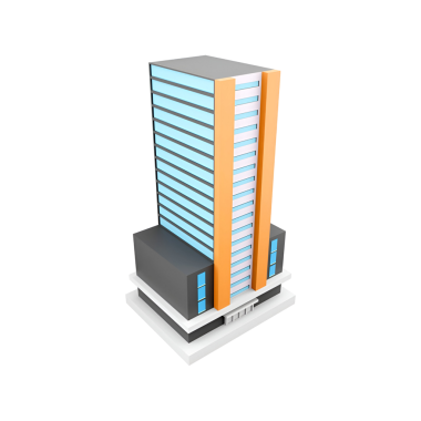 Pürüzsüz, çok katlı, mavi ve turuncu elementlerin birleşiminden oluşan modern bir bina tasarımı..