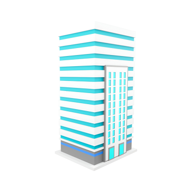 Ticari veya ofis kullanımı için tasarlanmış, mavi ve beyaz çizgili modern, stilize bir bina..