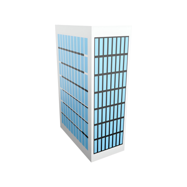 Mavi cam pencereli, parlak dizaynlı modern bir mimari bina..