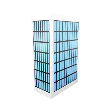 Şehir mimarisini sembolize eden mavi cam pencereli modern bir gökdelenin stilize edilmiş bir temsili..