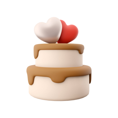 İki katlı bir pasta, iki kalp şeklinde süsleme, aşkı ve kutlamayı simgeliyor..