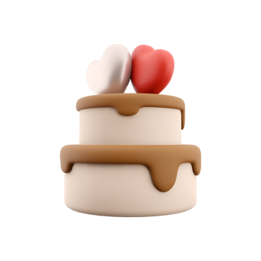 İki katlı, üstünde kalp süslemeleri olan bir pasta. Düğün ya da yıldönümü gibi kutlamalar için mükemmel..