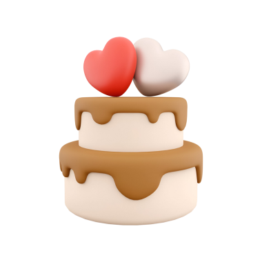 Çikolatalı ve kalp şeklinde süslemeleri olan iki katlı bir pasta. Kutlamalar ve romantik etkinlikler için mükemmel..