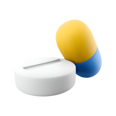 Beyaz yuvarlak bir tablet ve iki renkli bir kapsül, sağlık amaçlarına yönelik ilaç veya takviyeleri temsil eder..