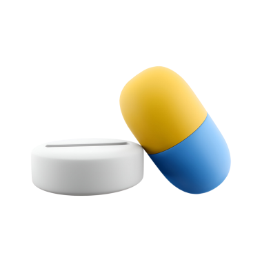 Renkli bir kapsül ve yuvarlak bir tablet, ilaç ya da takviyeleri temsil ediyor..