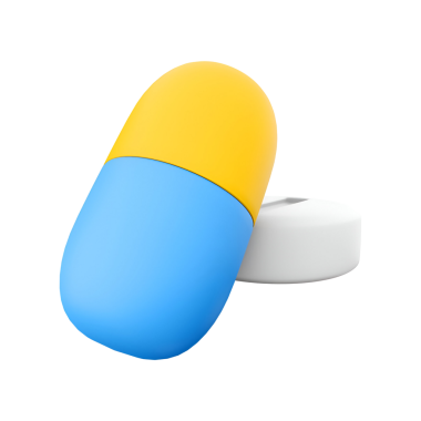 Beyaz yuvarlak bir tabletin yanında renkli bir kapsül hap tasarımı, ilaç ya da takviyeleri temsil ediyor..