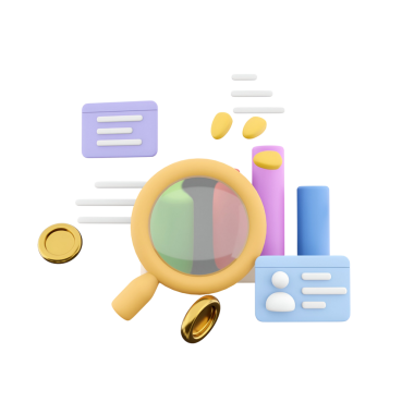 Araştırma ve analizi sembolize eden bir büyüteç, grafikler ve belge simgelerinin yer aldığı renkli bir grafik sunumu.