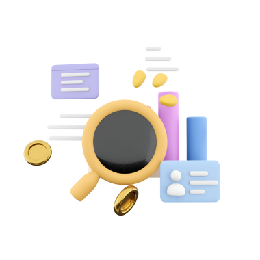 Araştırma ve analiz kavramlarını temsil eden bir büyüteç, belgeler ve paraların yer aldığı renkli bir grafik.
