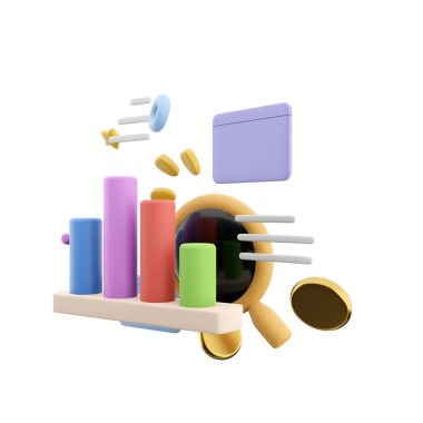 Geometrik şekiller ve elementlerle veri analizini temsil eden renkli bir 3D çubuk grafiği.