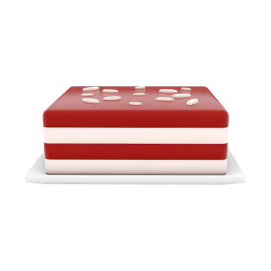 Üzerinde beyaz süslemeler bulunan kırmızı ve beyaz çizgili renkli bir tatlı tabakta servis edilir..