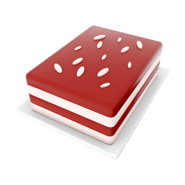 Tohumlarla süslenmiş, parlak kırmızı bir üst ve beyaz katmanlı renkli bir tatlı tabakta servis edilir..