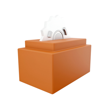 Üzerinde bir dişli sembolü olan, mekanik veya mühendislik kavramlarını temsil eden bir bloğun üç boyutlu tasviri.