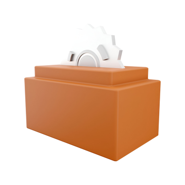 Sektör ve teknolojiyi sembolize eden dikdörtgen bir bloğun üzerindeki bir dişli mekanizmasının 3 boyutlu temsili.