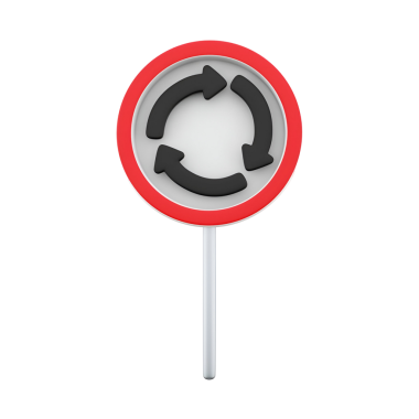 Kavşakta yol gösterici sürücülere dairesel oklar içeren döner kavşağı gösteren bir trafik işareti.