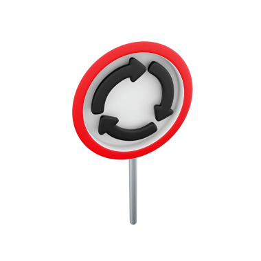 Dolambaçlı kavşağı gösteren dairesel trafik işareti, trafik akışının yönünü gösteren oklar..