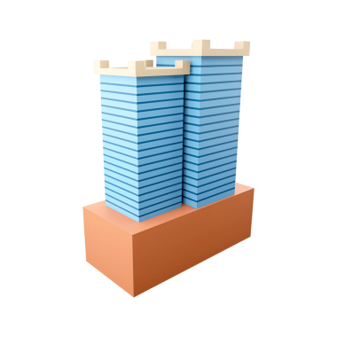 Dikdörtgen bir tabanda istiflenmiş mavi bloklardan oluşan iki kulenin stilize bir temsili, oyuncu bir mimari tasarımı çağrıştırıyor..