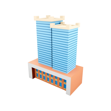 İki kulesi ve tabanı olan, mimari tasarımı sergilenen modern bir binanın stilize edilmiş bir çizimi..